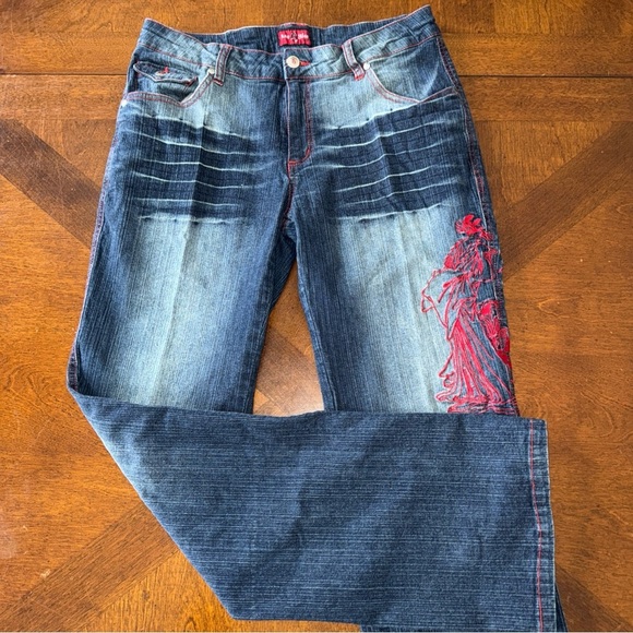 Raw Blue Lady Womens Juniors Red Embroidered Geisha Blue Denim Jeans 13 14 - Picture 2 of 15